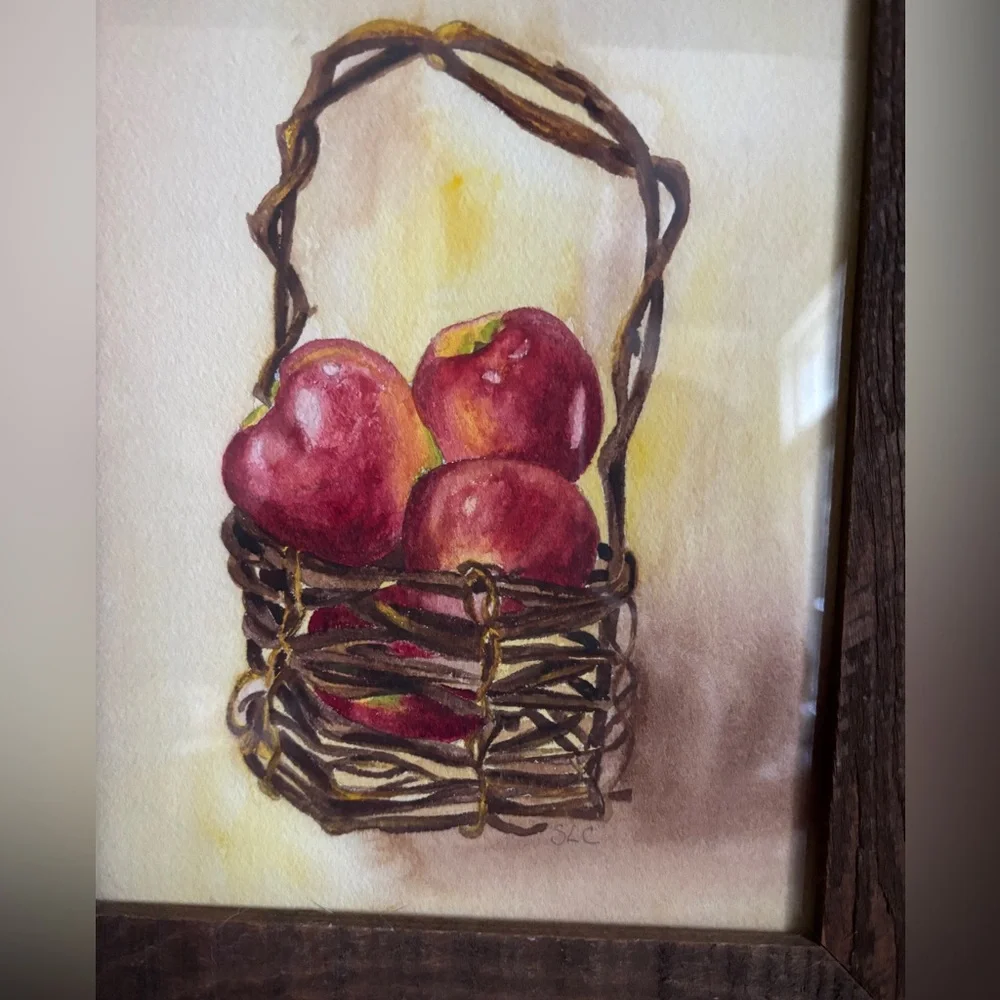 Vintage Original Artwork Watercolor of Apples in a Basket Folkart Hand Painted